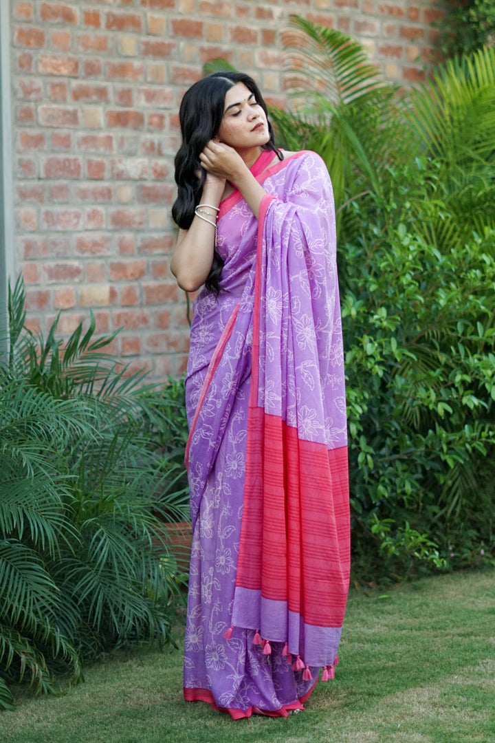 Warm Orchid Printed Mulmul Cotton Saree