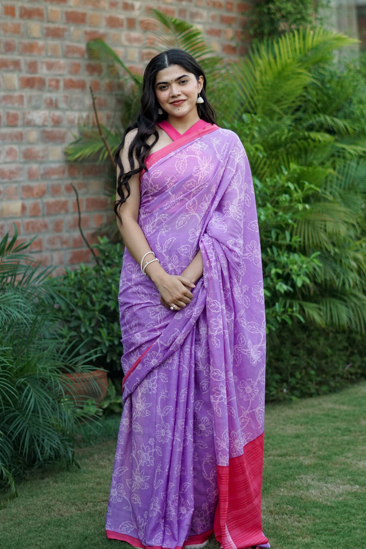 Warm Orchid Printed Mulmul Cotton Saree