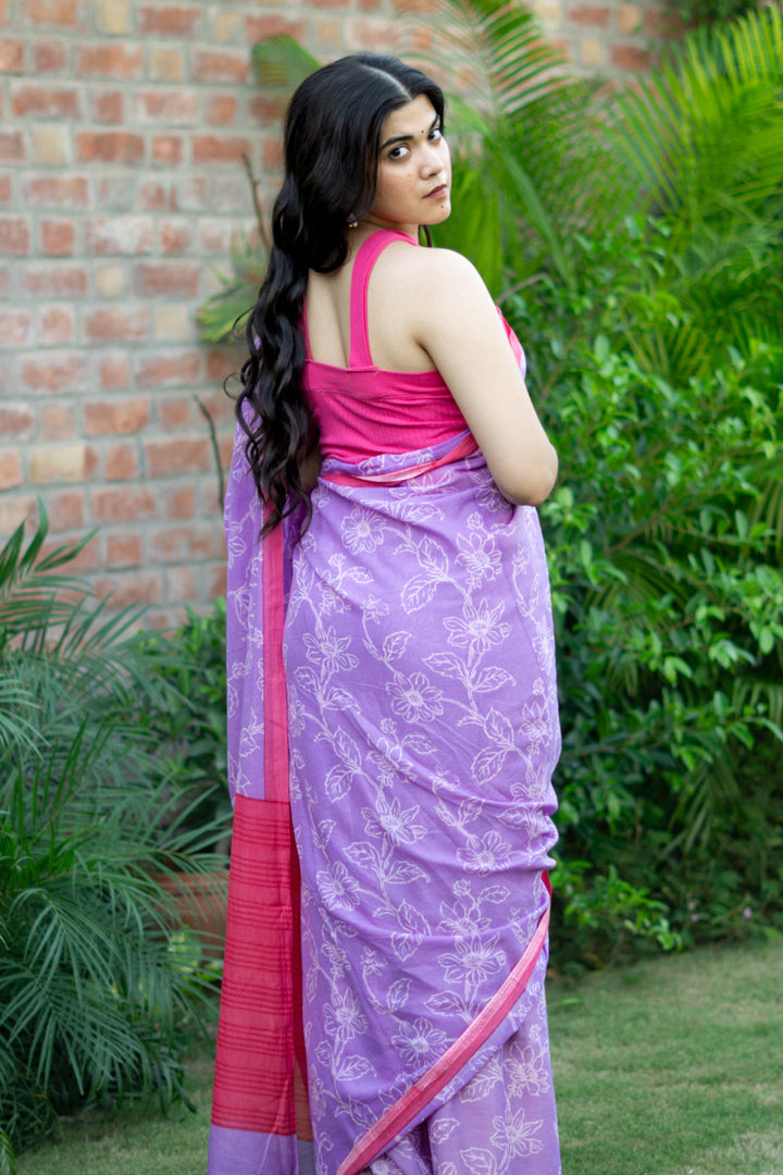 Warm Orchid Printed Mulmul Cotton Saree