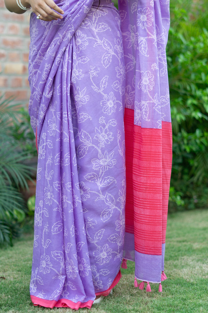 Warm Orchid Printed Mulmul Cotton Saree