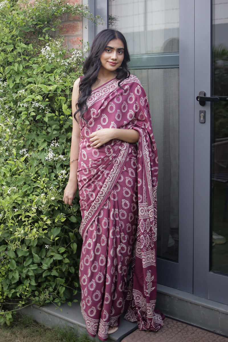 Berry Plum Hand Block Print Mulmul Cotton Saree