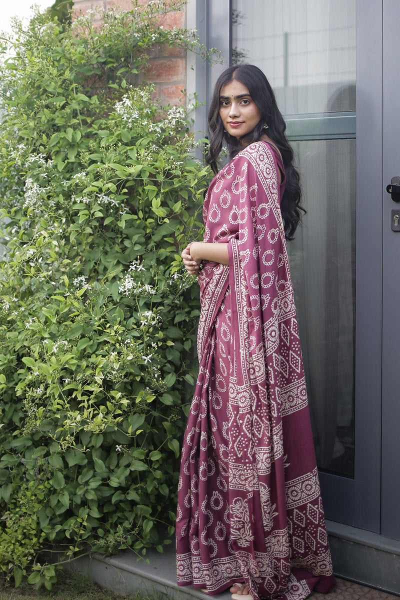 Berry Plum Hand Block Print Mulmul Cotton Saree