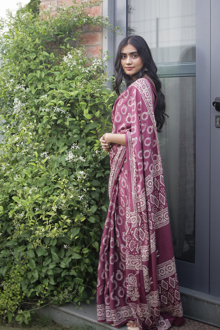 Berry Plum Hand Block Print Mulmul Cotton Saree