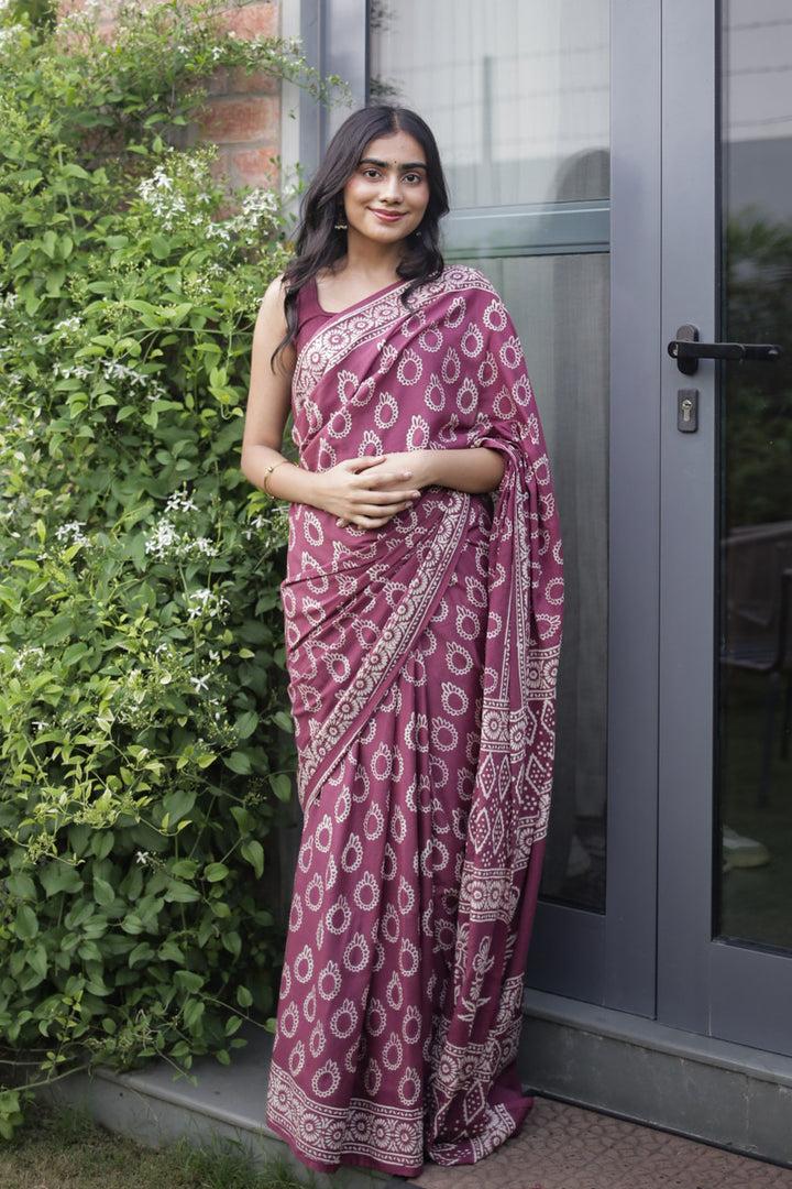 Berry Plum Hand Block Print Mulmul Cotton Saree