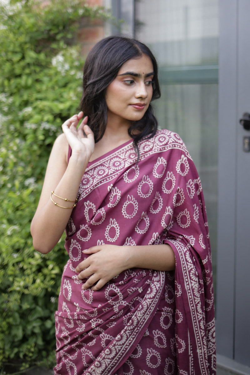 Berry Plum Hand Block Print Mulmul Cotton Saree
