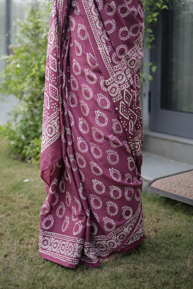 Berry Plum Hand Block Print Mulmul Cotton Saree