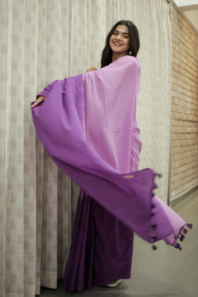 Violet Haze Ombre Hand Dyed Mulmul Cotton Pre-stitched Ready to Wear Saree with Pocket