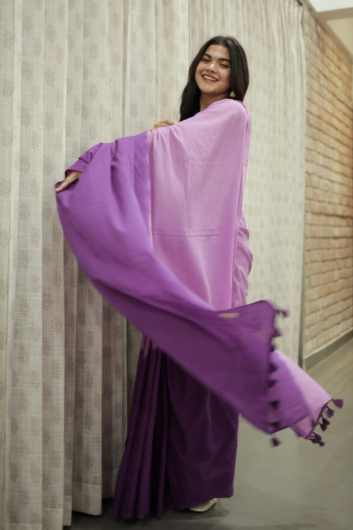 Violet Haze Ombre Hand Dyed Mulmul Cotton Pre-stitched Ready to Wear Saree with Pocket