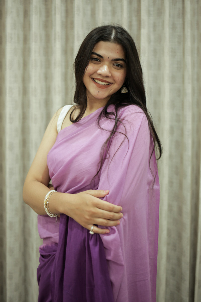 Violet Haze Ombre Hand Dyed Mulmul Cotton Pre-stitched Ready to Wear Saree with Pocket