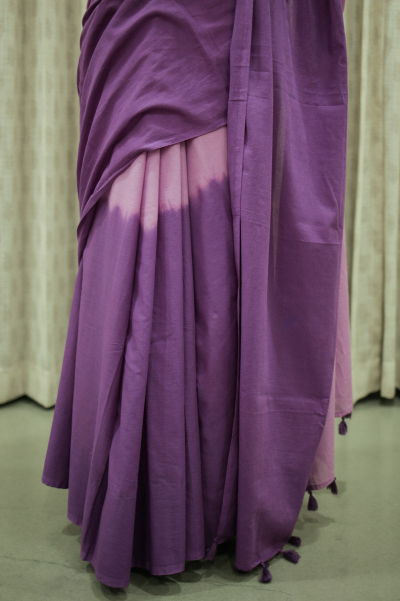 Violet Haze Ombre Hand Dyed Mulmul Cotton Pre-stitched Ready to Wear Saree with Pocket