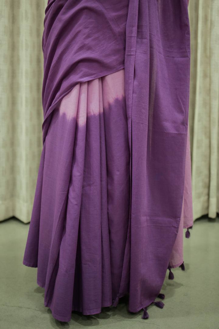 Violet Haze Ombre Hand Dyed Mulmul Cotton Pre-stitched Ready to Wear Saree with Pocket