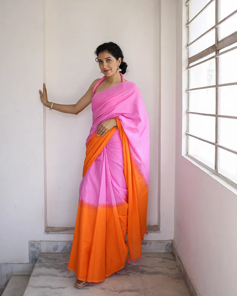 Tangerine and Pink - Hand Dyed Mulmul Cotton Saree