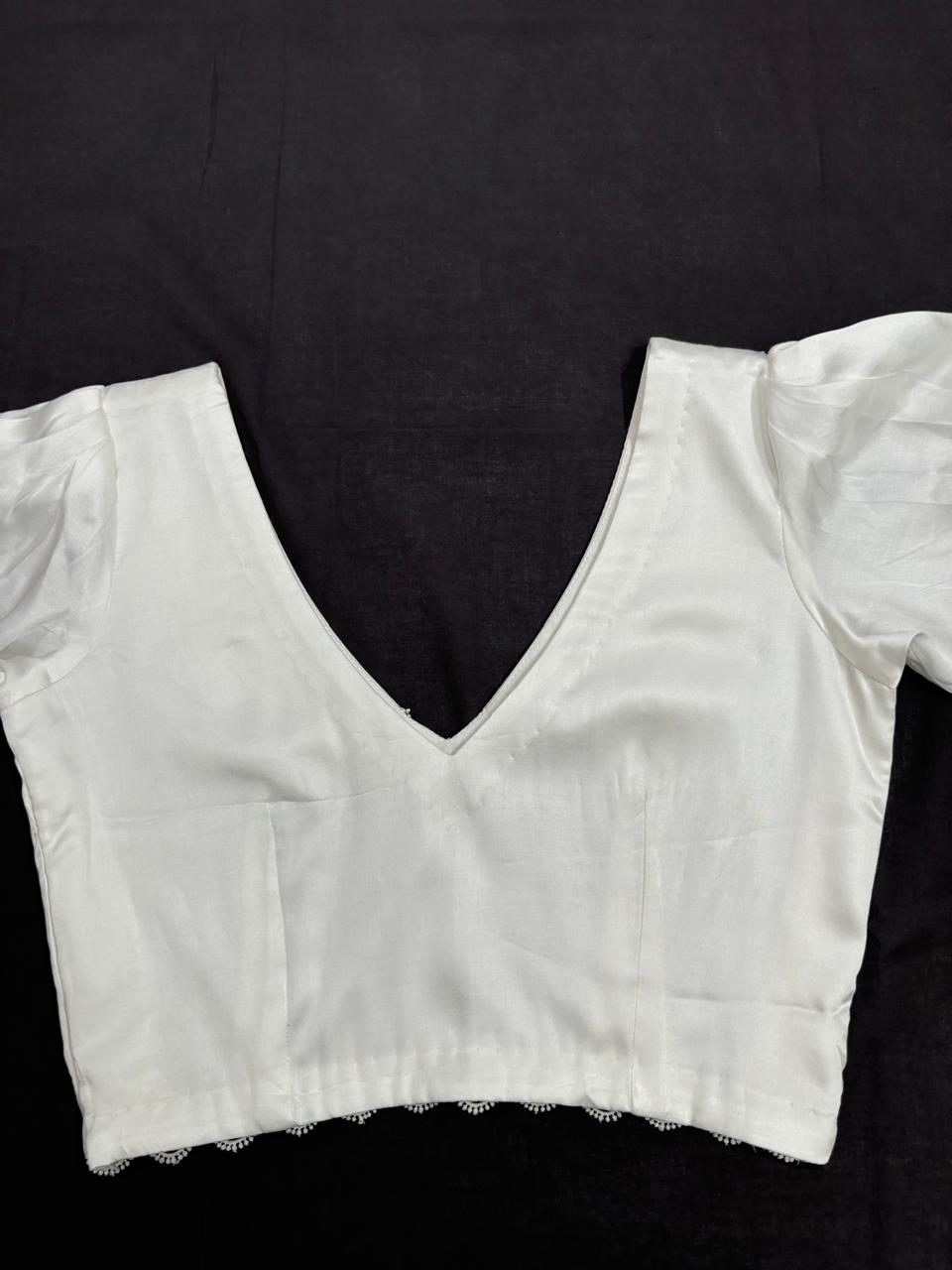 Vintage White Satin V-neck Blouse with Peter Pan Collar & Puff Sleeves