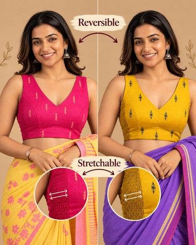 2-in-1 Reversible Stretchable V-Neck Sleeveless Art Silk & Cotton Blouse - Pink & Mustard