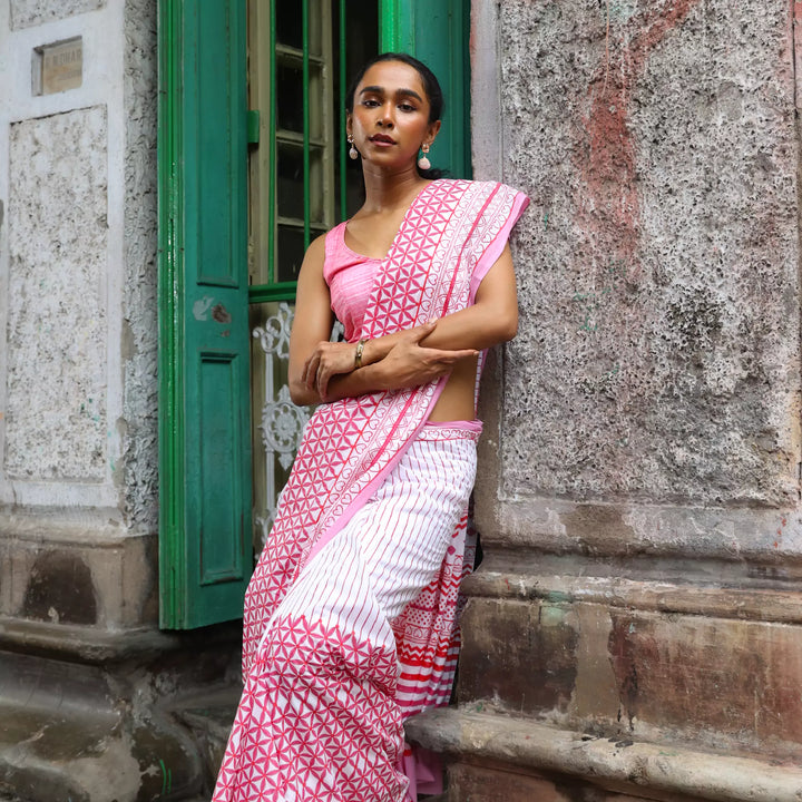 Evening Raga - Mul Cotton Hand Block Printed Saree