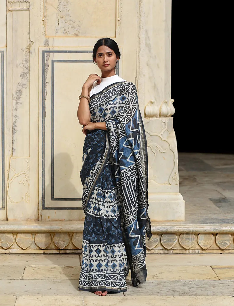Indigo Prism Hand Block Print Chanderi Silk Saree