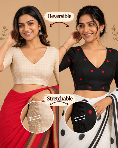 2-in-1 Reversible Stretchable V-Neck Art Silk & Cotton Blouse with Elbow Sleeves - Black & Off-white