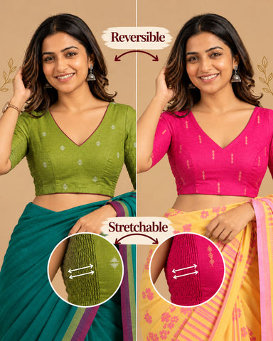 2-in-1 Reversible Stretchable V-Neck Art Silk & Cotton Blouse with Elbow Sleeves - Pink & Green