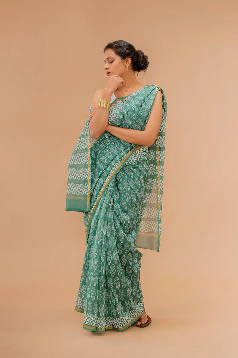 Moora Saree | Green | Hand Block Printed | Chanderi Cotton Silk | Sage Affair - Moora