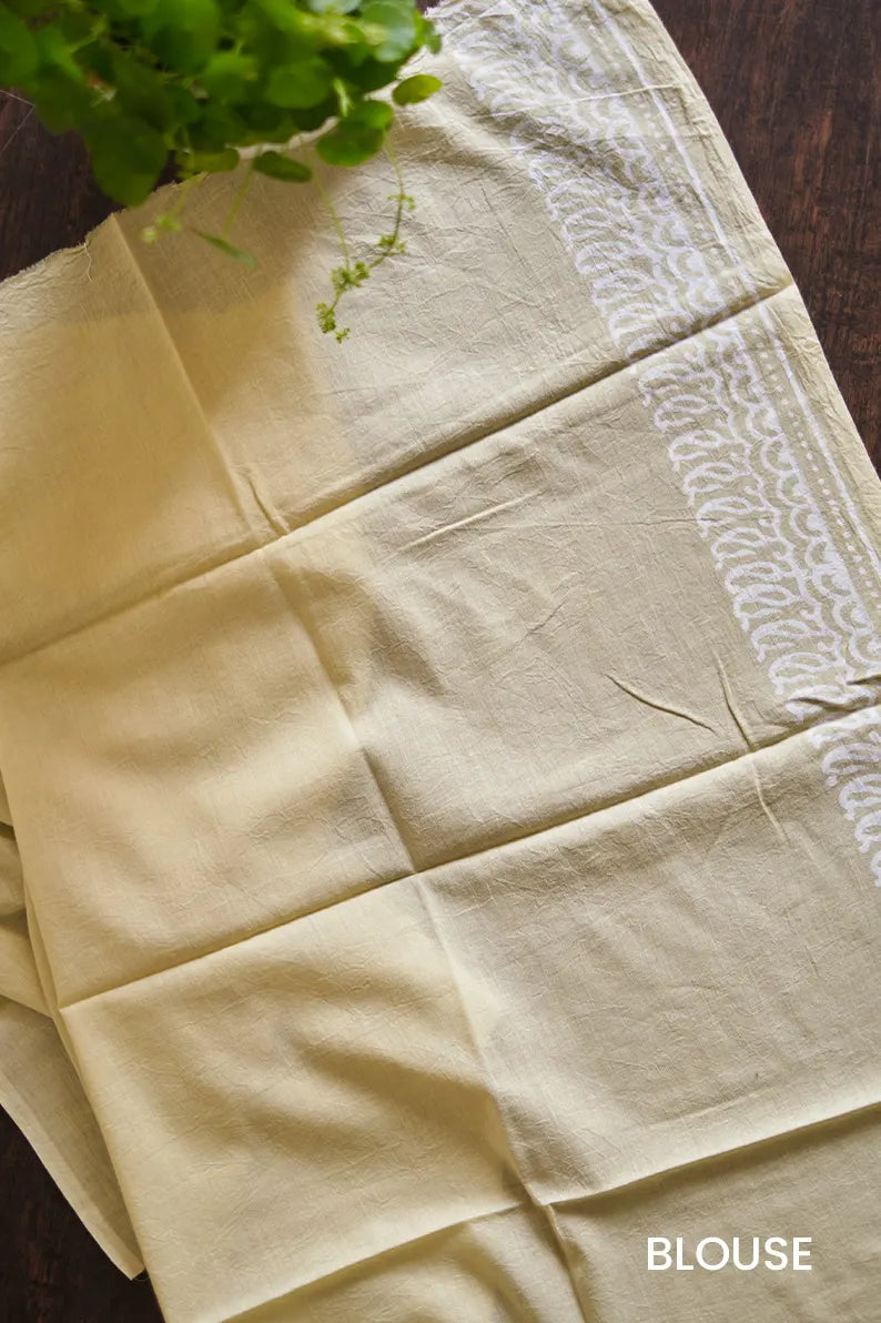 Afternoon in Calicut - Cream Yellow Hand Block Print Mulmul Cotton Bagru Saree - Moora