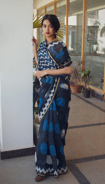 Sunaina - Indigo Dabu Hand Block Print Chanderi Silk Saree