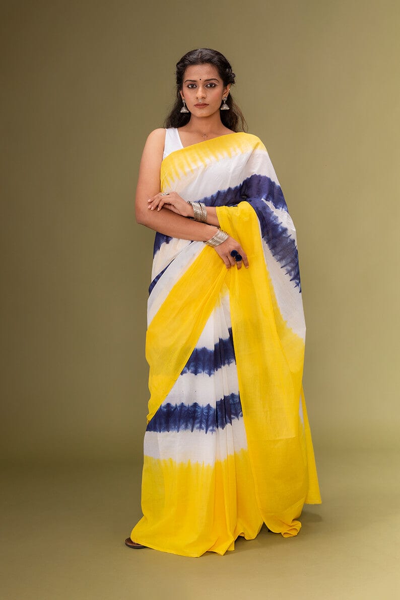 Moora Saree | White Blue and Yellow | Tie-Dye Natural Colors| Mulmul Cotton - Moora