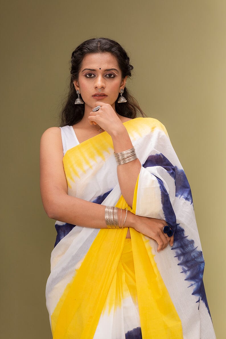 Moora Saree | White Blue and Yellow | Tie-Dye Natural Colors| Mulmul Cotton - Moora