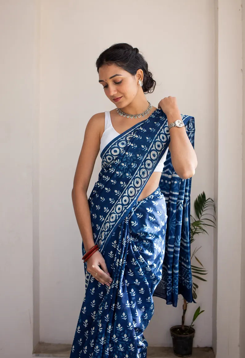 Bombay Indigo - Dabu Hand Block Print Mulmul Cotton Bagru Saree