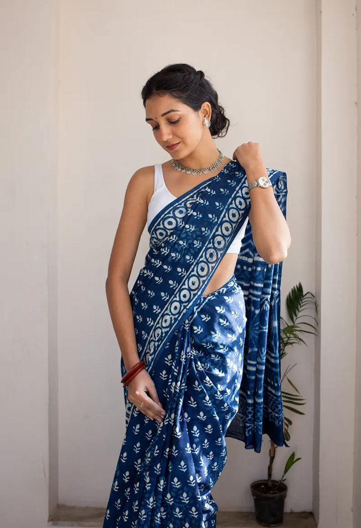 Bombay Indigo - Dabu Hand Block Print Mulmul Cotton Bagru Saree