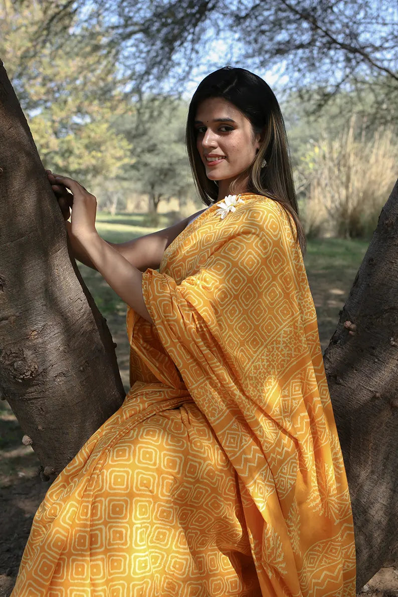 Yellow Glow - Hand Block Print Mulmul Cotton Bagru Saree