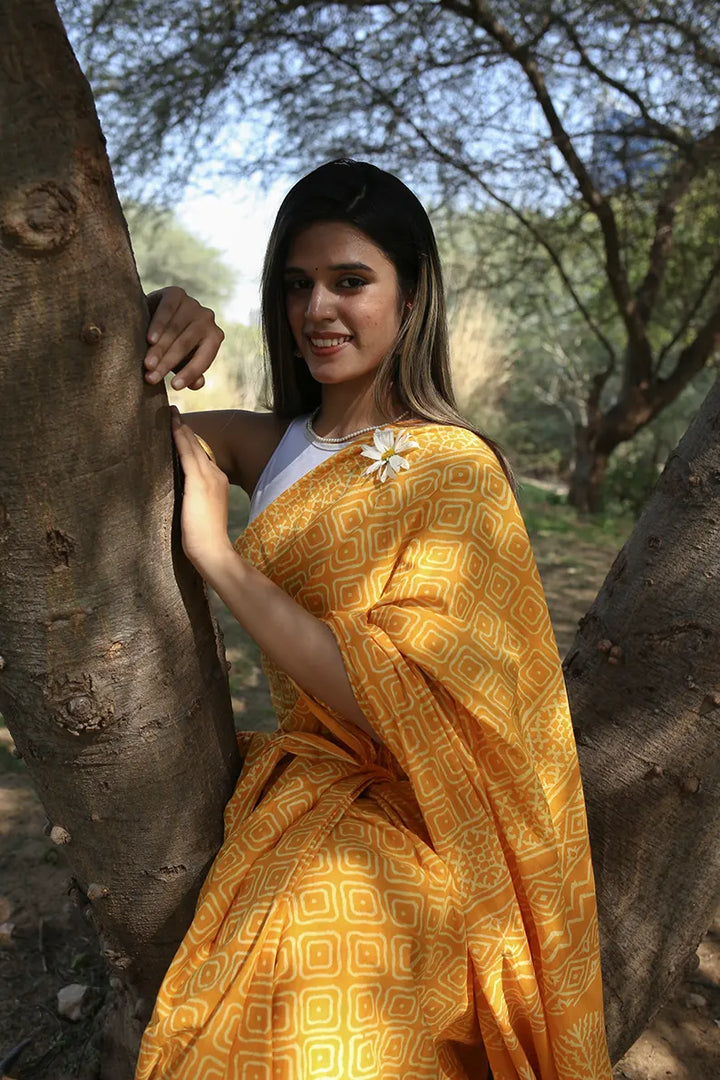 Yellow Glow - Hand Block Print Mulmul Cotton Bagru Saree