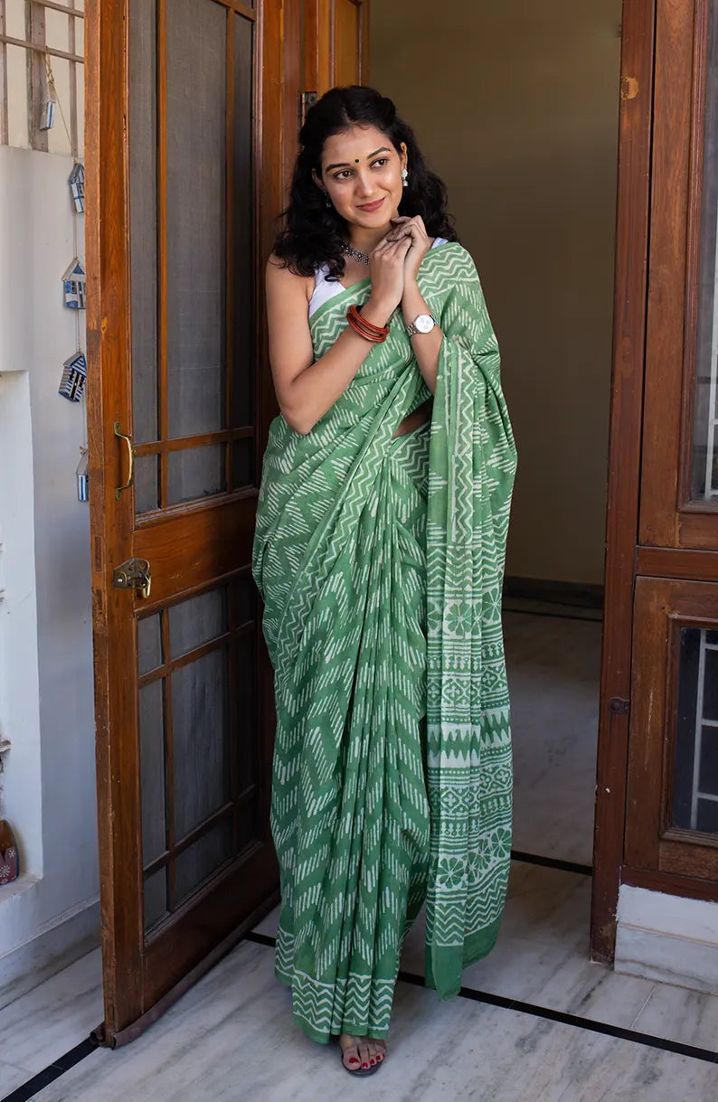 Strangers in Bangalore Light Green Dabu Block Print Mulmul Cotton Saree Online at Best Price Moora