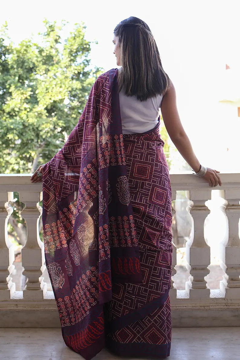 Magical Mauve - Hand Block Print Mulmul Cotton Bagru Saree
