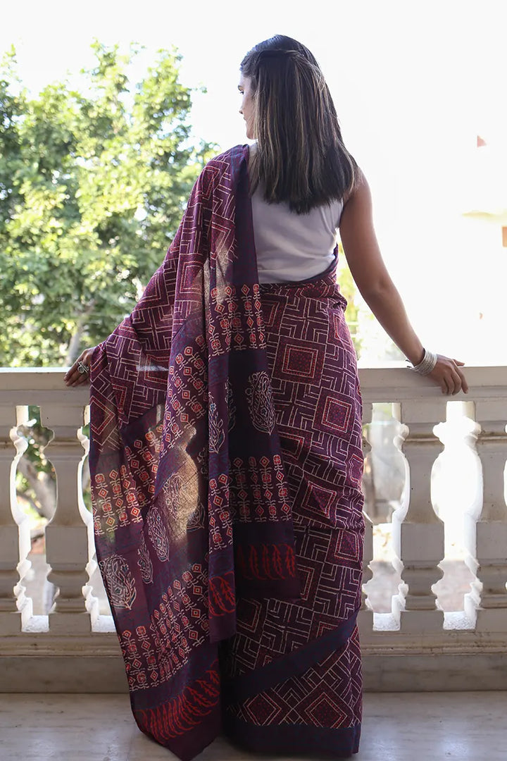 Magical Mauve - Hand Block Print Mulmul Cotton Bagru Saree