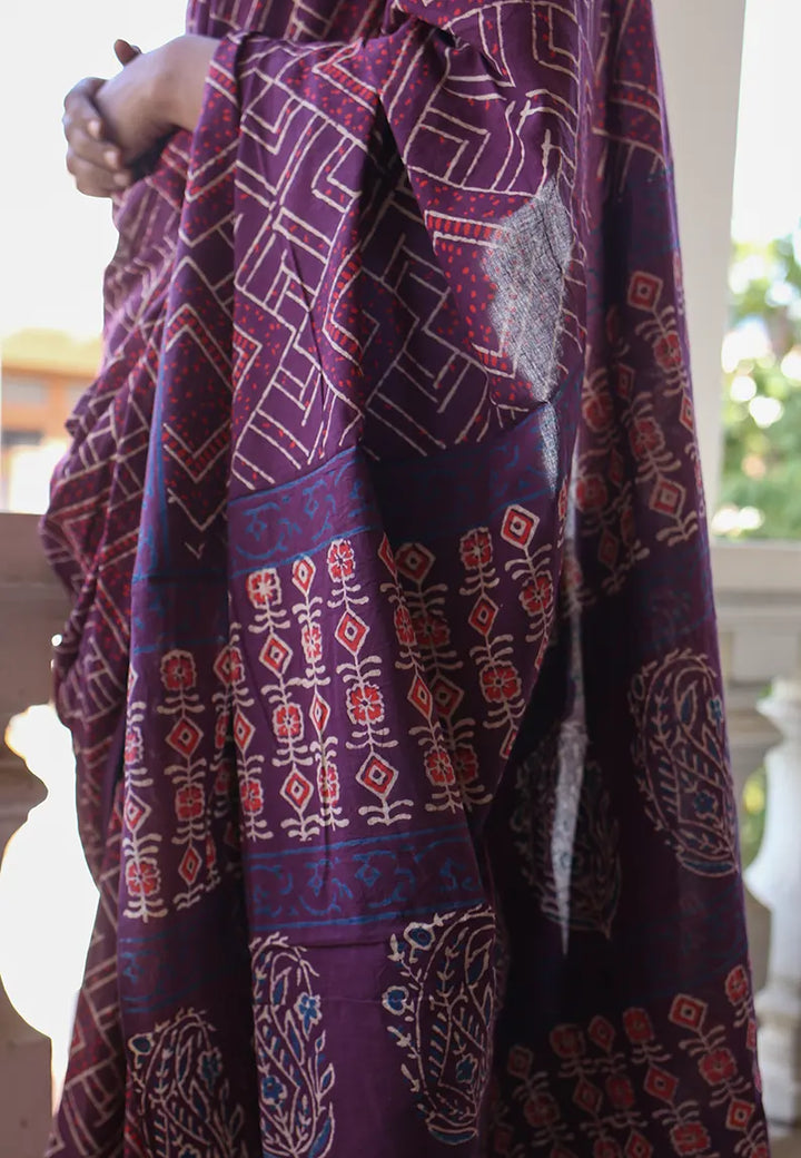Magical Mauve - Hand Block Print Mulmul Cotton Bagru Saree
