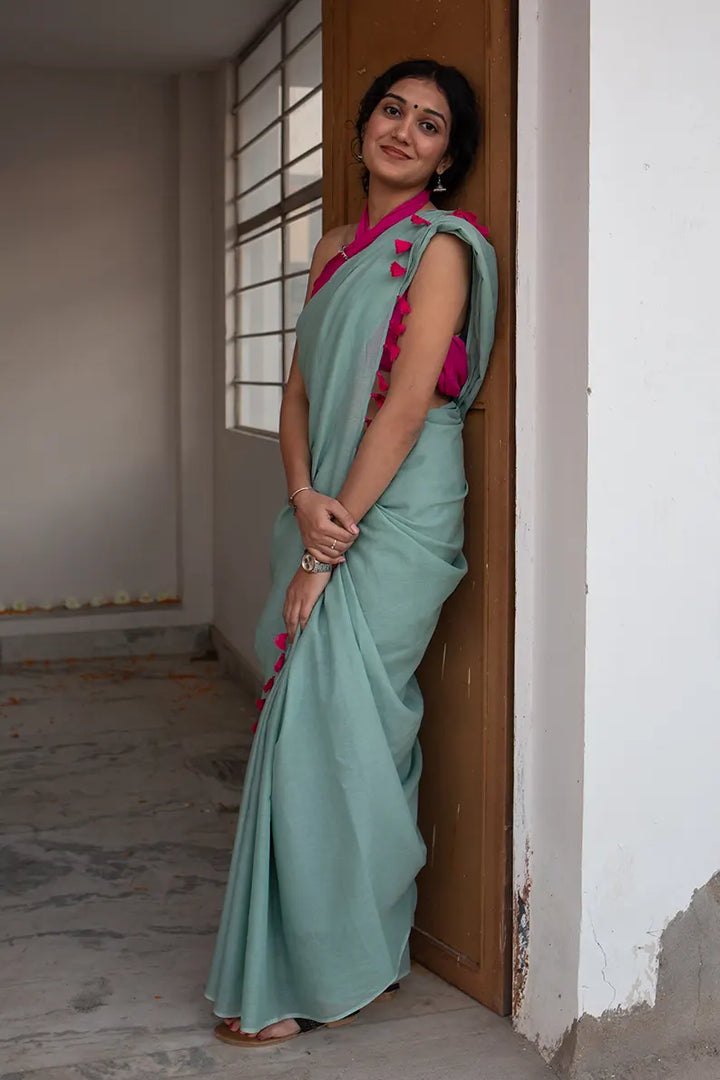 Waking up in Panjim - Sea Green Mulmul Cotton Saree with Tassels