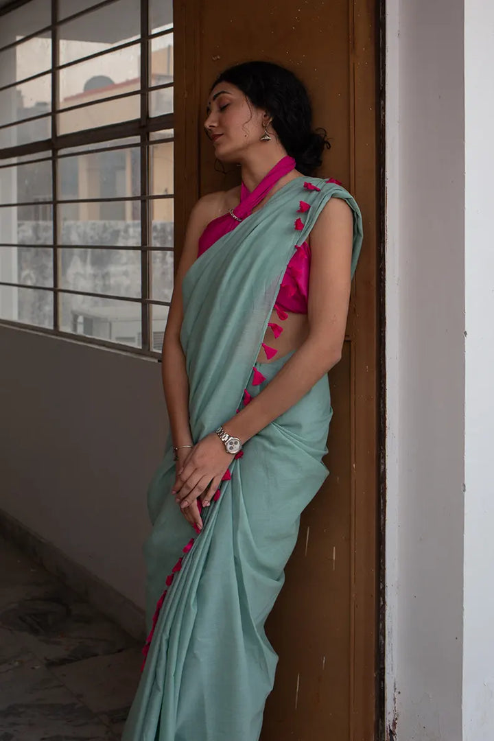 Waking up in Panjim - Sea Green Mulmul Cotton Saree with Tassels