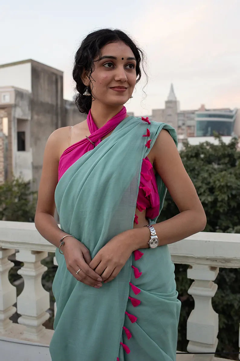 Waking up in Panjim - Sea Green Mulmul Cotton Saree with Tassels