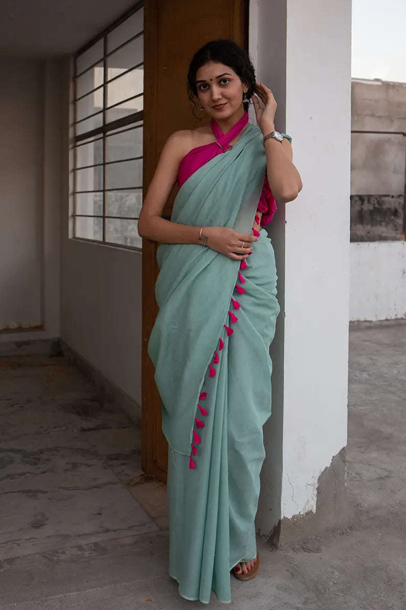 Waking up in Panjim - Sea Green Mulmul Cotton Saree with Tassels