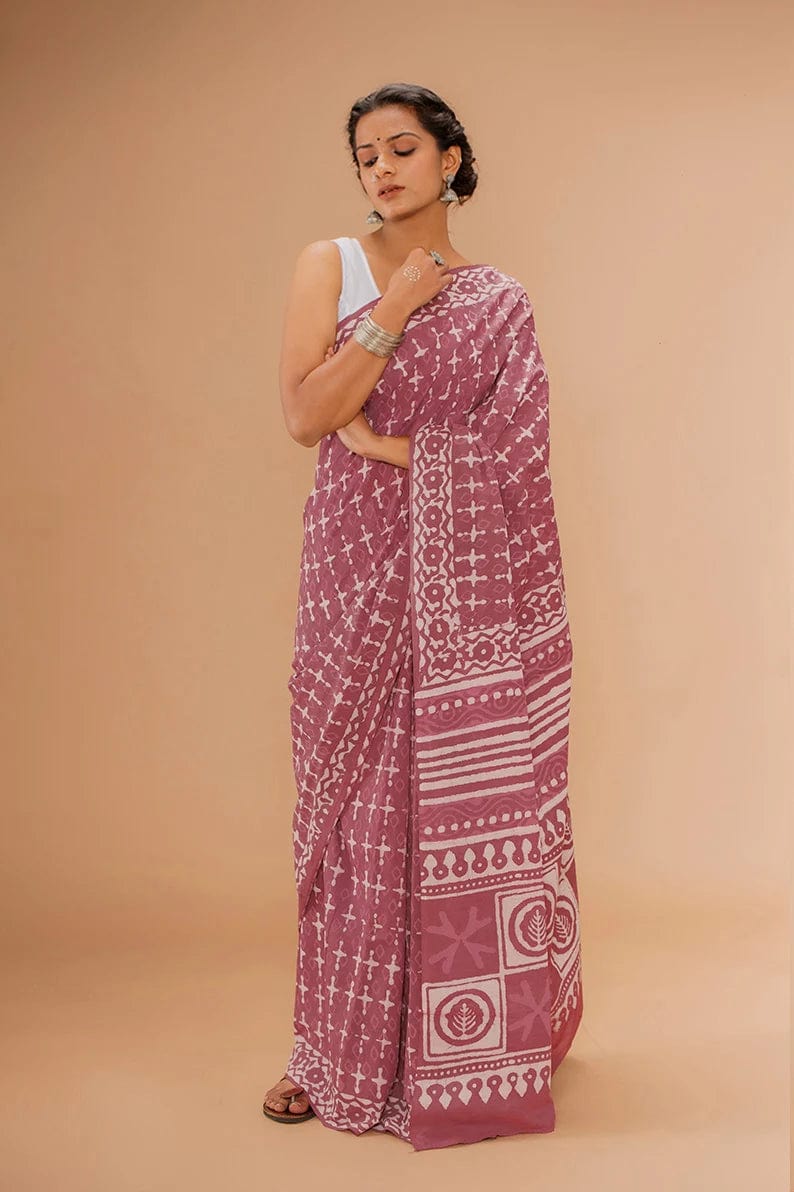 Moora Saree | Rose Blush | Dabu Hand Block Print Natural Dyed | Mulmul Cotton - Moora