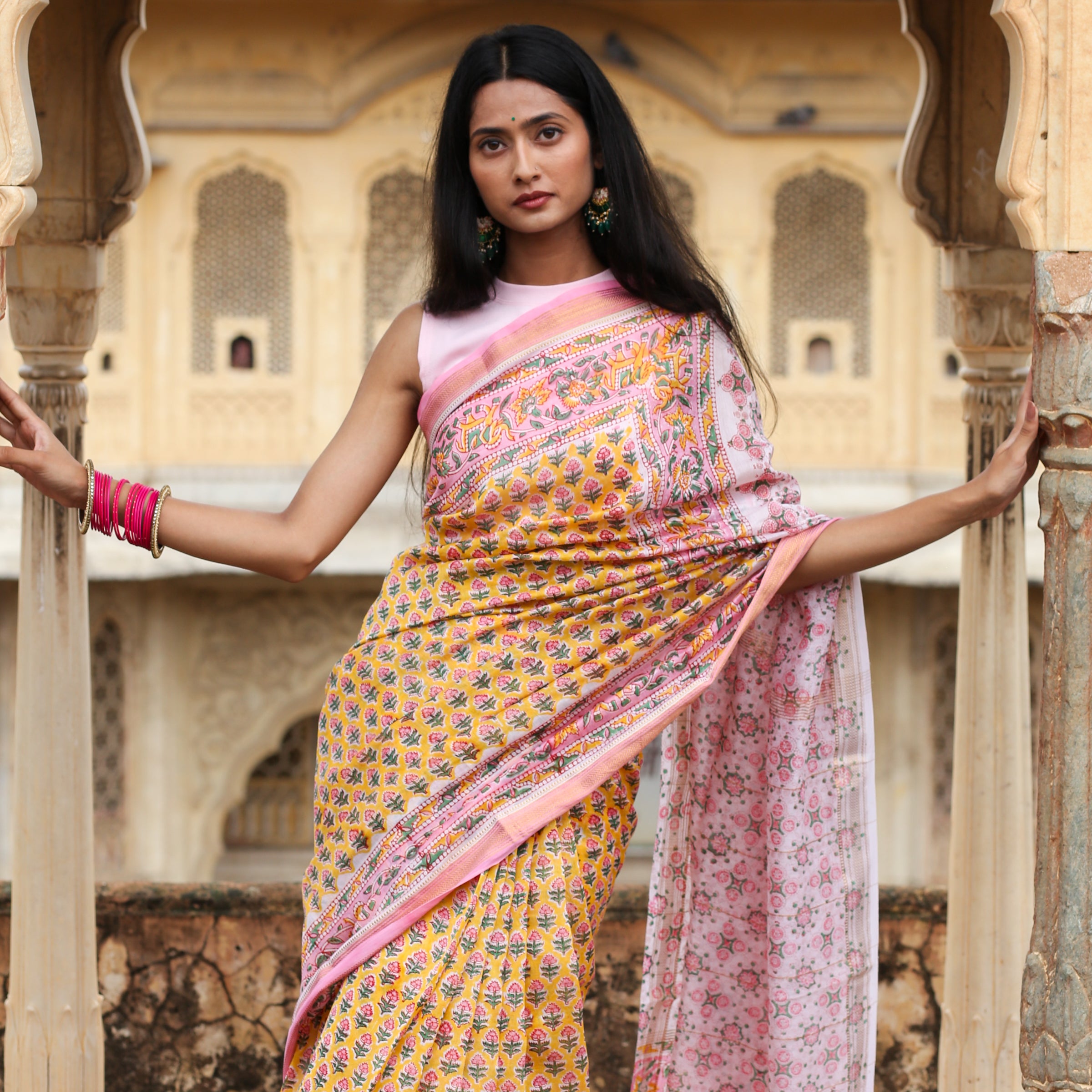 BLOCK PRINTED CHANDERI SAREE WITH HAND EMBROIDERED GUJARATI STITCH PAL –  ShopBollyWear.Com