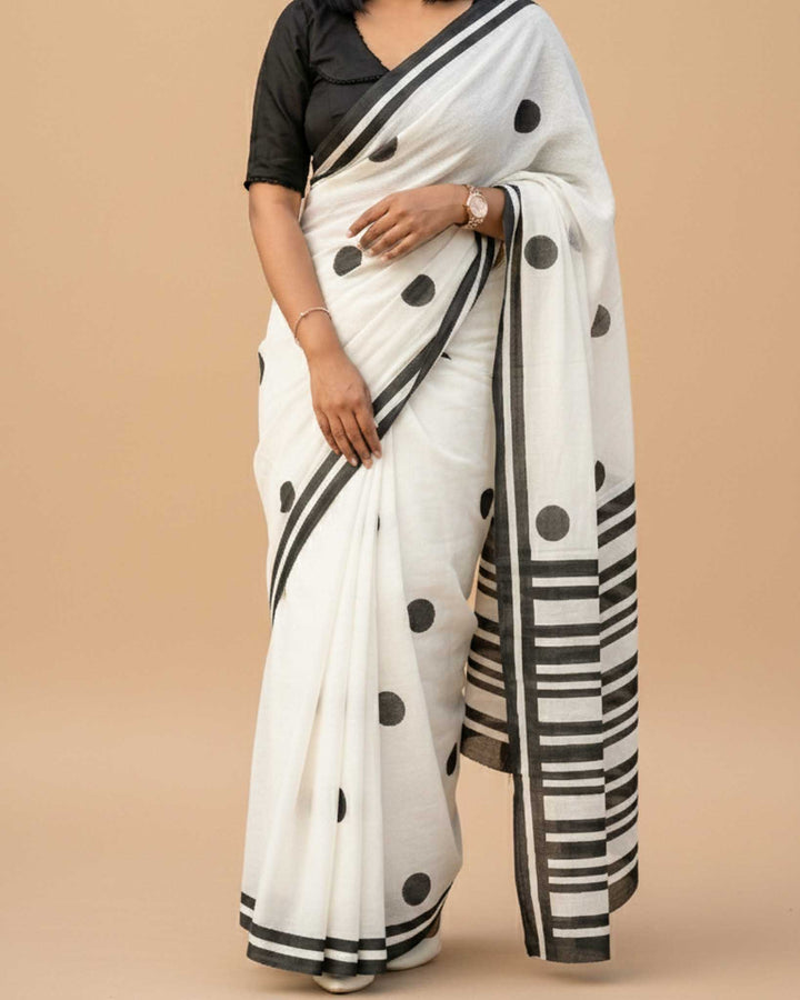 Classic Polka Hand Block Print Mul Mul Cotton Saree