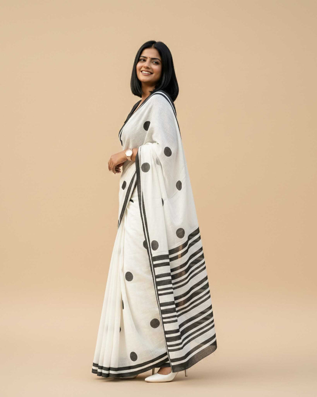 Classic Polka Hand Block Print Mul Mul Cotton Saree
