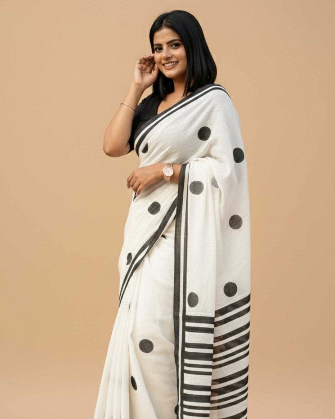 Classic Polka Hand Block Print Mul Mul Cotton Saree