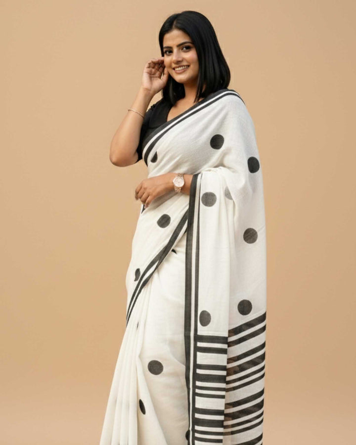 Classic Polka Hand Block Print Mul Mul Cotton Saree