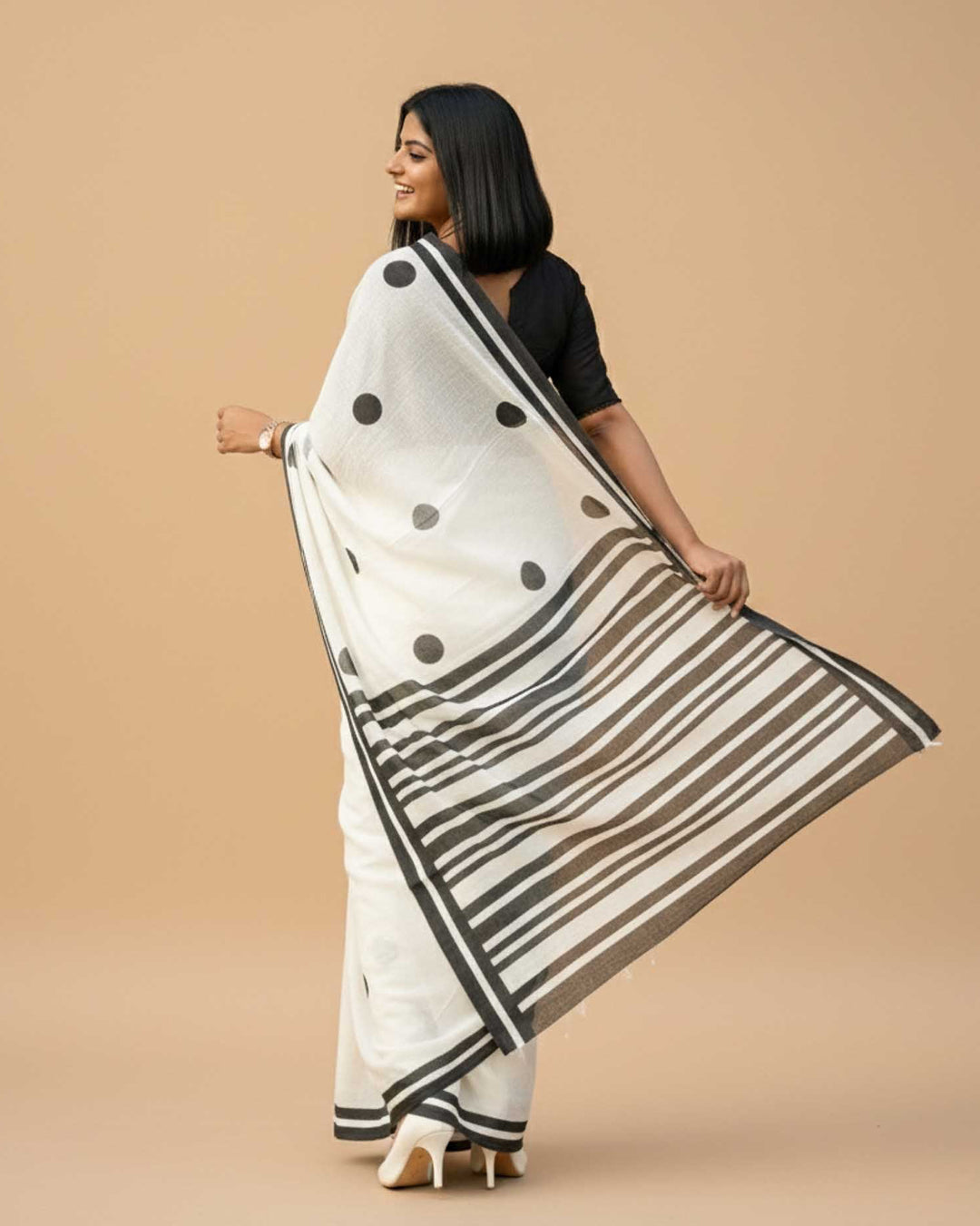 Classic Polka Hand Block Print Mul Mul Cotton Saree