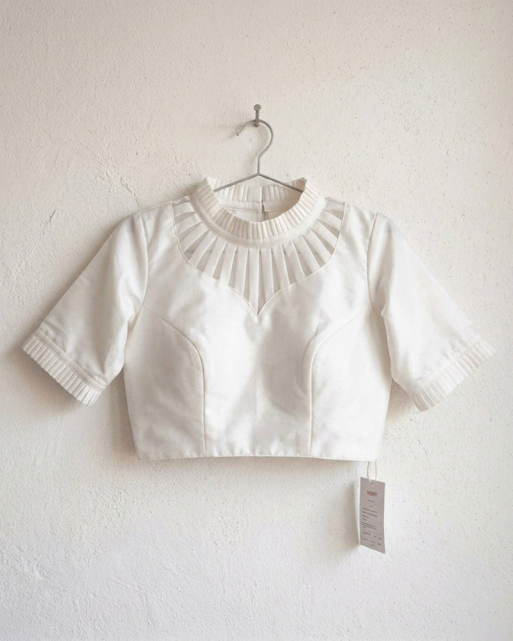 White Highline Silk Blouse with Sheer yoke