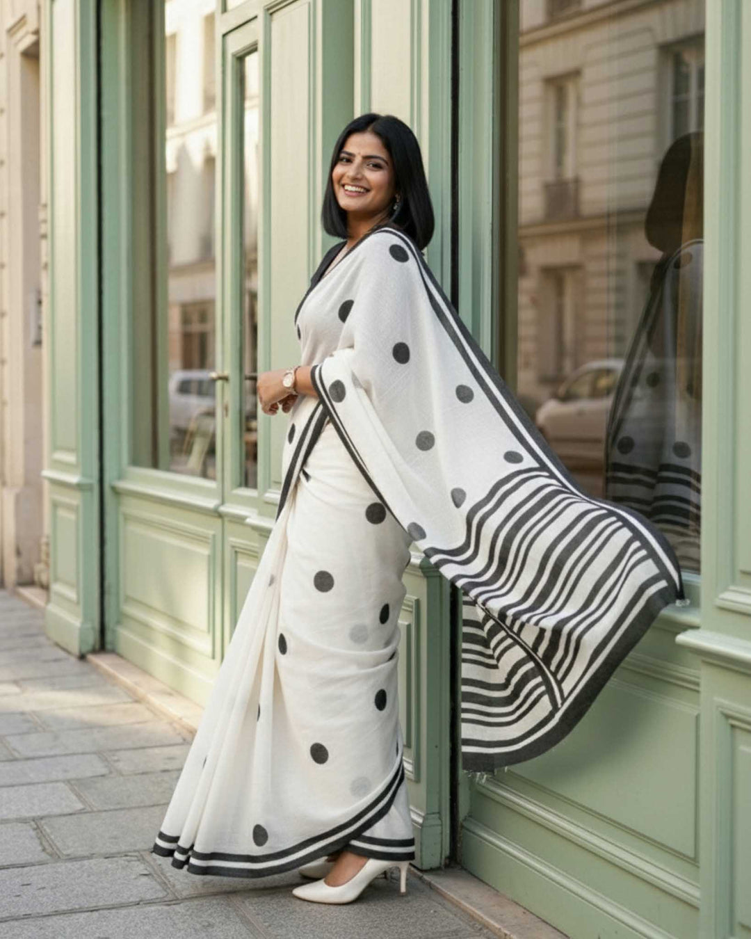 Classic Polka Hand Block Print Mul Mul Cotton Saree