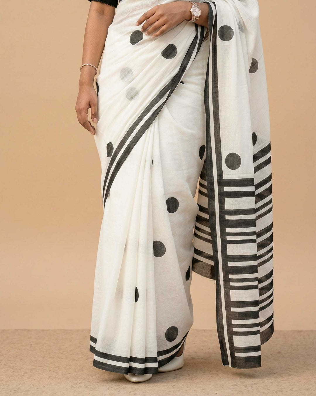 Classic Polka Hand Block Print Mul Mul Cotton Saree