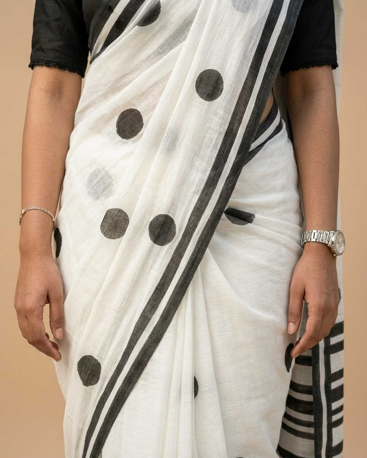 Classic Polka Hand Block Print Mul Mul Cotton Saree